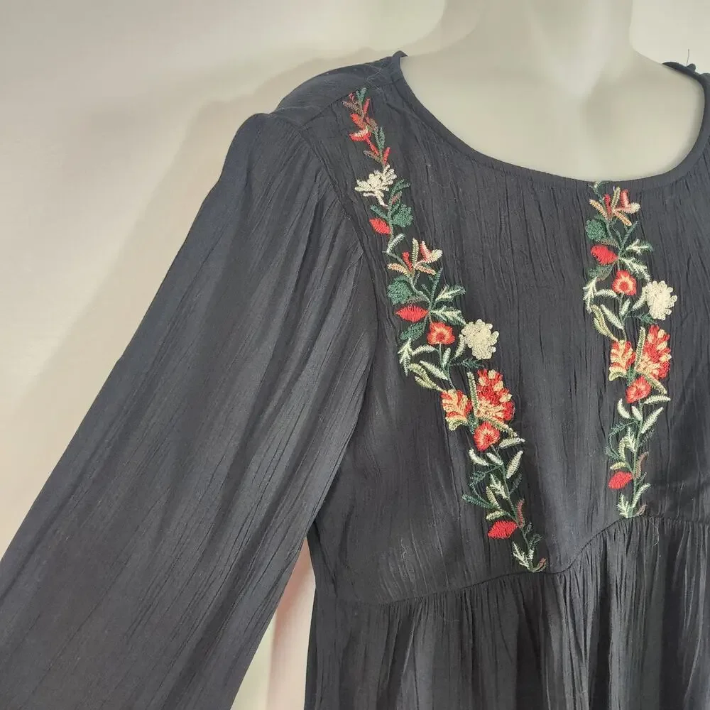American Eagle Womens Embroidered Peasant Top Peplum Open Back Tie Black Sz XS - Picture 4 of 13